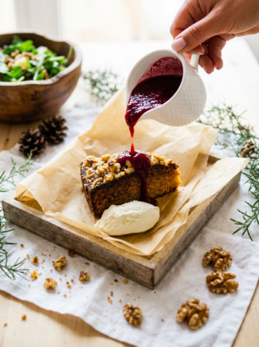honig-walnuss-kuchen mit Vanilleeis und Himbeersauce