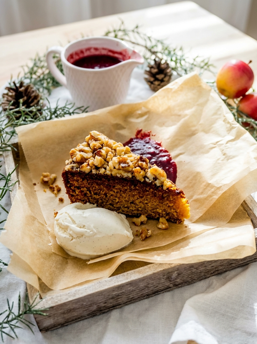 honig-walnuss-kuchen mit Vanilleeis und Himbeersauce